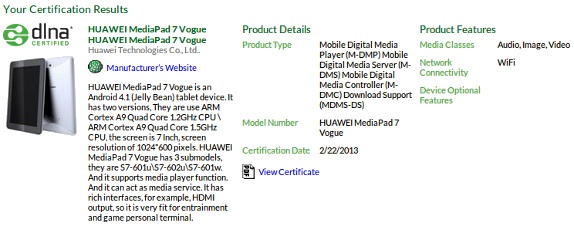 Huawei MediaPad 7 Vogue DLNA Certification