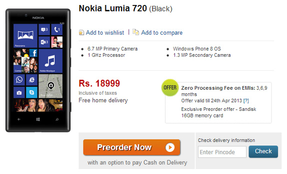 Nokia Lumia 720 pre-order Flipkart