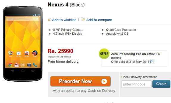 Google Nexus 4 pre-order Flipkart