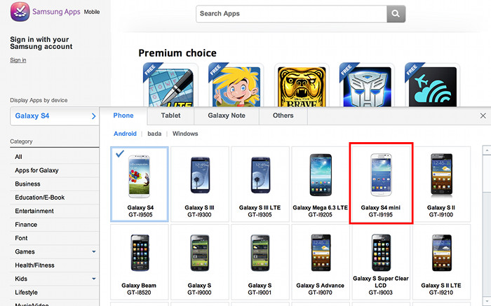 Samsung Galaxy S4 mini Apps website