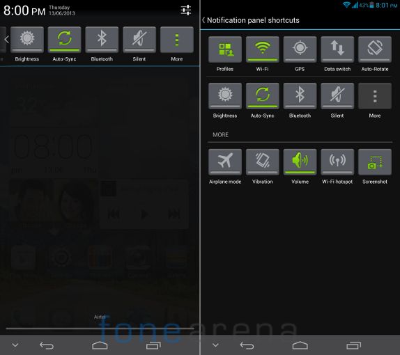 Huawei Ascend Mate Notification and panel shorcuts