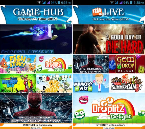 Micromax Canvas 4 GameHub and M! Live
