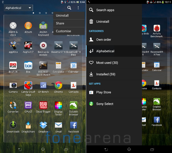 Sony Xperia Z Ultra New Slide out options in Apps Menu