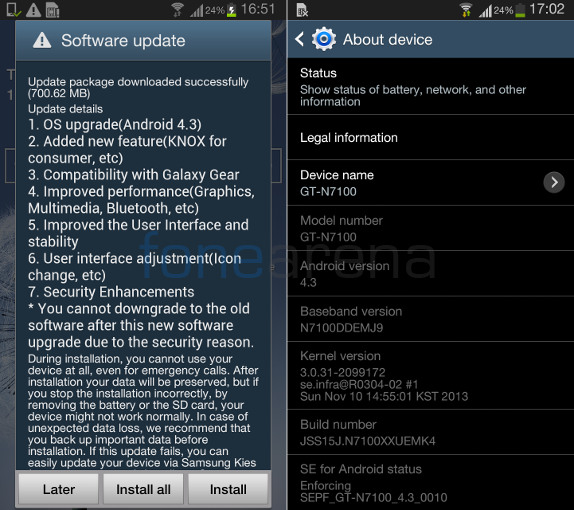 Samsung Galaxy Note 2 Android 4.3 India