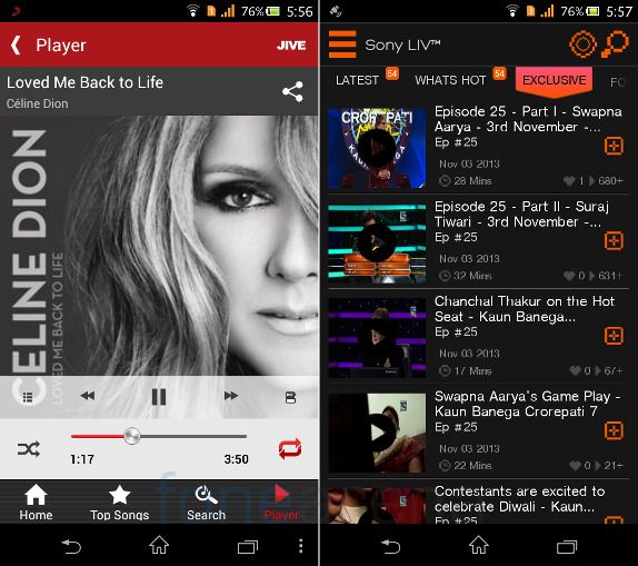Sony Xperia C Sony Music Jive and LIV