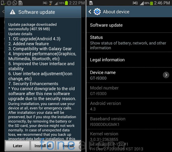 Samsung Galaxy S3 Android 4.3 India
