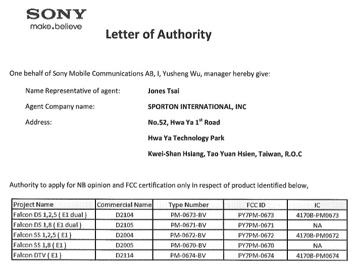 Sony Xperia E1 and E1 Dual FCC