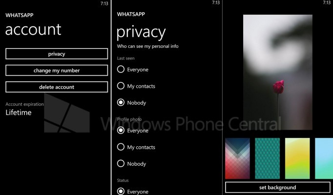 WhatsApp for Windows Phone Beta Privacy and Wallpaper