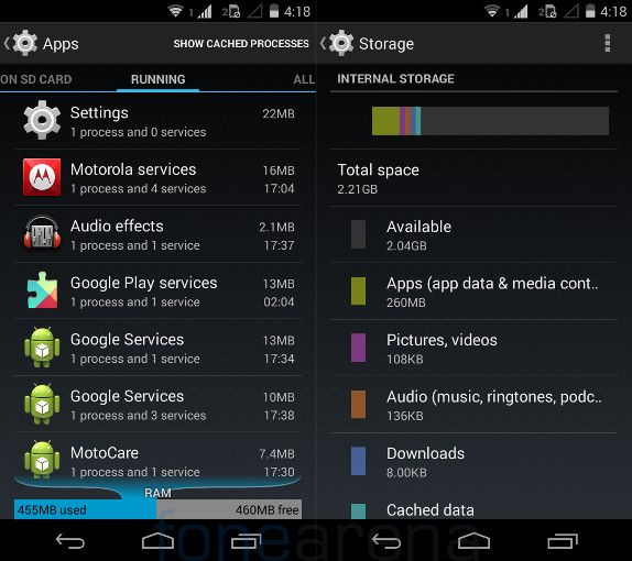 Moto E RAM and Internal Storage