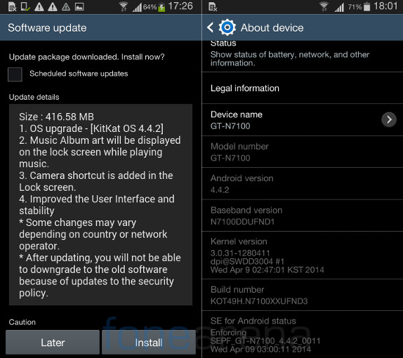 Samsung Galaxy Note 2 Android 4.4 India