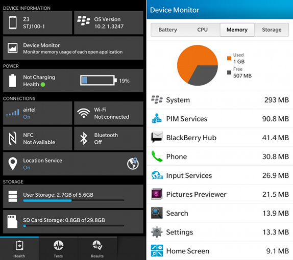 BlackBerry Z3 RAM and Storage