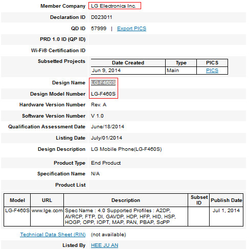 LG LG-F460S Bluetooth SIG