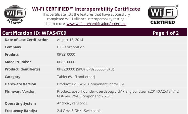 HTC Nexus Tablet WiFi Certification