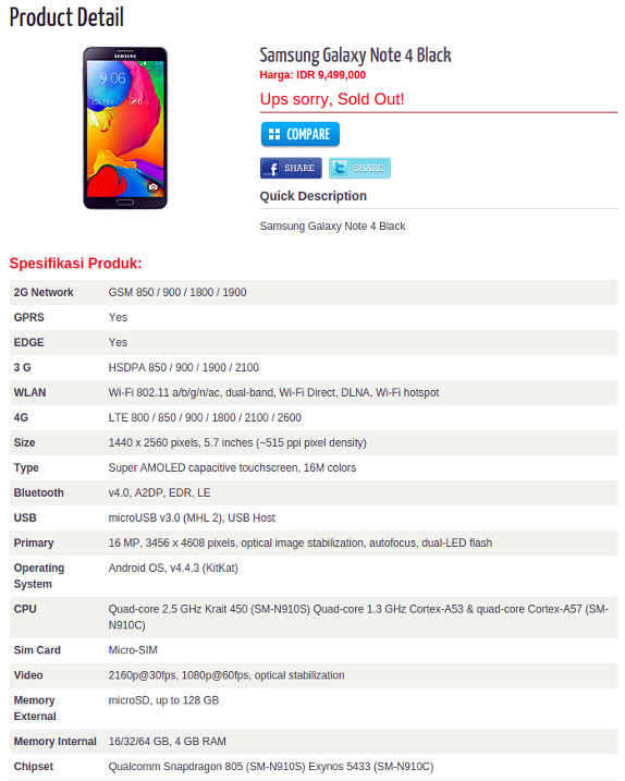 Samsung Galaxy Note 4 specifications leak