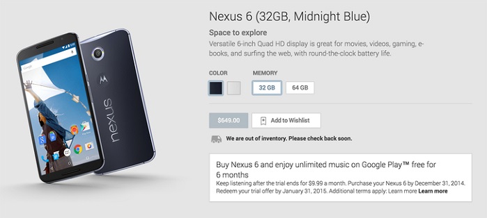 nexus 6 sold out