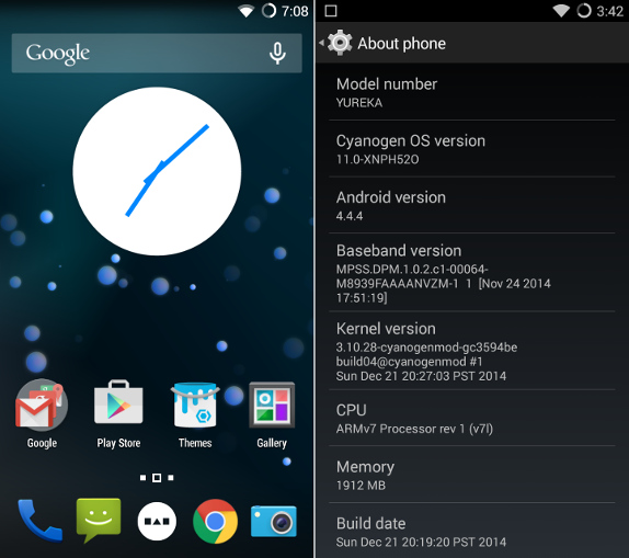 YU YUREKA Homescreen and Android version