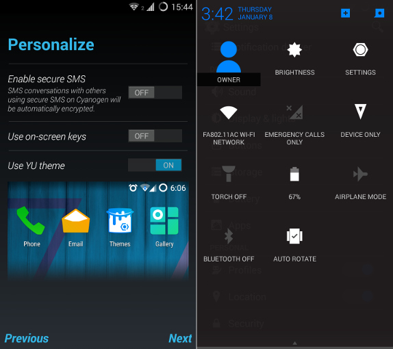 YU YUREKA Personalization and Quick Settings