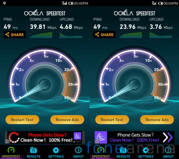4G speed test showing latency of 49 ms
