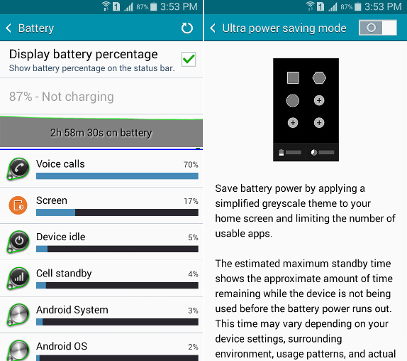 Samsung Galaxy A3 Battery and Ultra power saving mode
