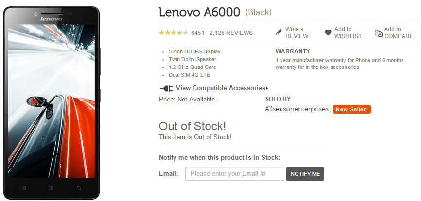 Lenovo A6000 out of stock