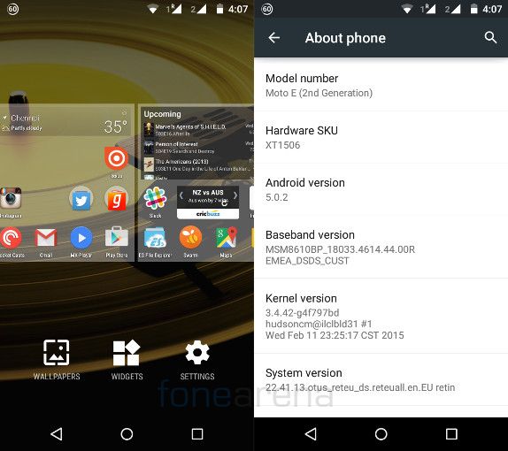 Motorola Moto E 2nd Gen Homescreen and About
