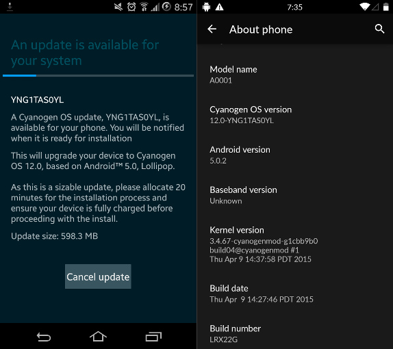 OnePlus One Cyanogen OS 12 Android 5.0