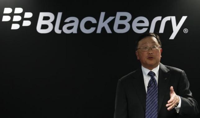 Blackberry's Chief Executive Chen gestures during a news conference at the Mobile World Congress in Barcelona