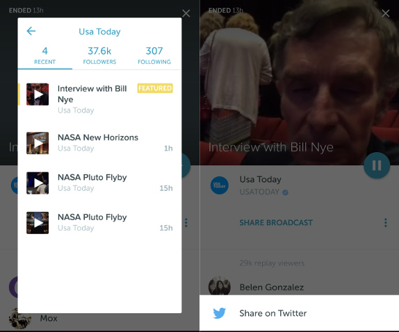 Periscope for Android now lets you view recent broadcasts from a profile