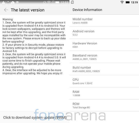 Lenovo A6000 Android 5.0 update