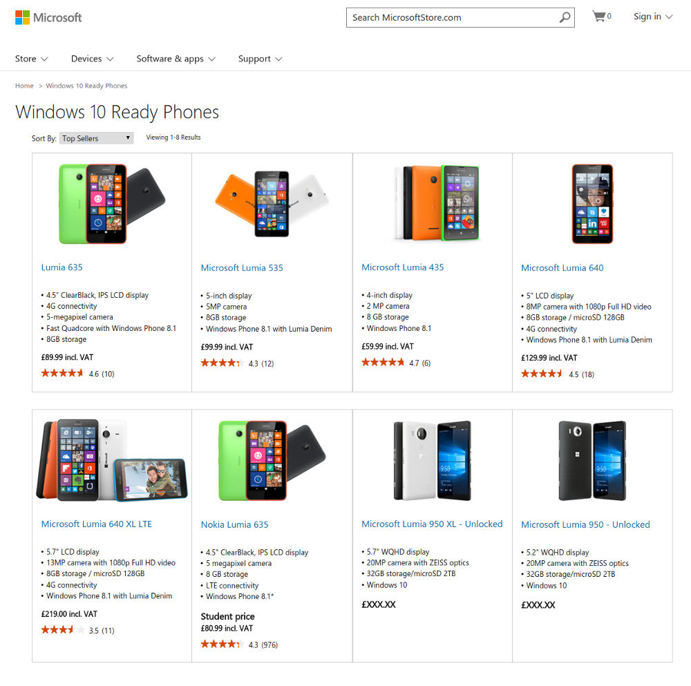 Microsoft Lumia 950 and 950 XL UK Store listing