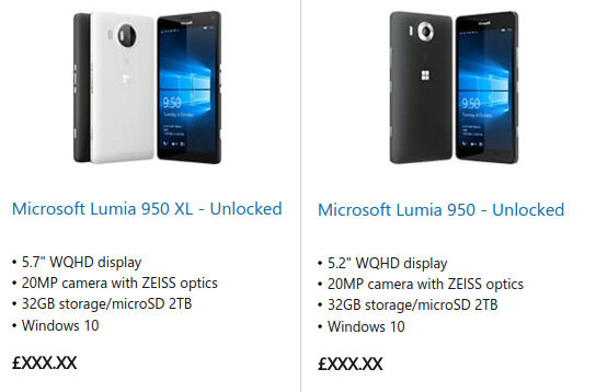 Microsoft Lumia 950 and 950 XL UK Store listing