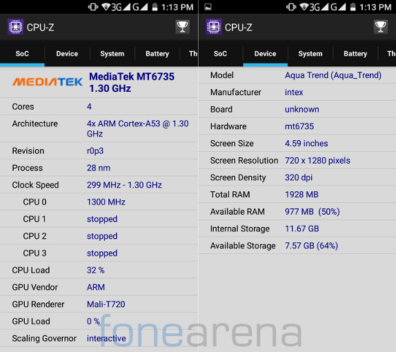 Intex Aqua Trend CPU-Z