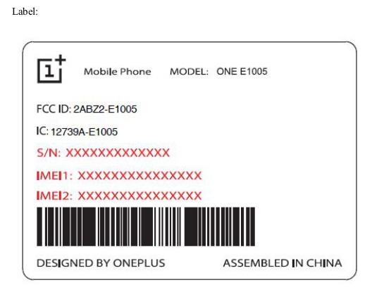 OnePlus One E1005 FCC label