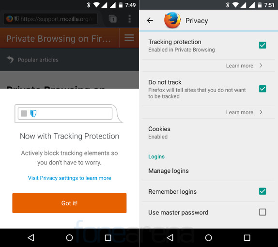 Firefox 42 for Android Private Browsing with Tracking Protection