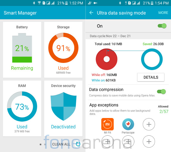 Samsung Galaxy On7 Smart Manager and Ultra Dava Savings