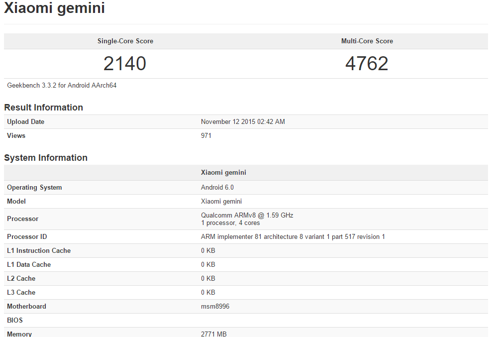 Xiaomi gemini Geekbench Browser