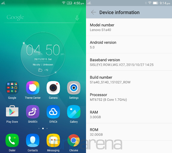 Lenovo Vibe S1 Home and Device Info