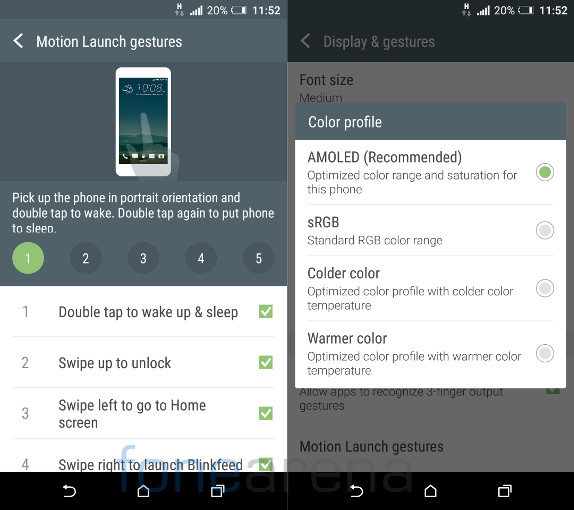 HTC One A9 Motion gestures and Display color profile