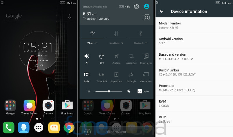 Lenovo Vibe X3 Home, Notification and About