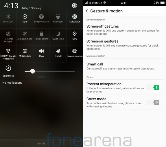 Opp F1 Quick Settings and Gestures