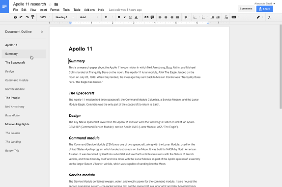 Google Docs outline tool