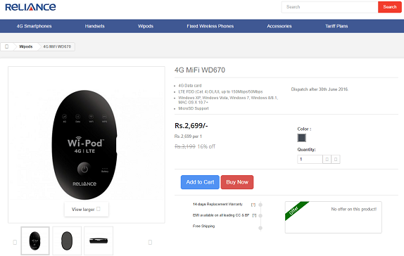 Rcom 4g Mifi Wd670 Router With Built In Battery Gets Listed For Rs 2699