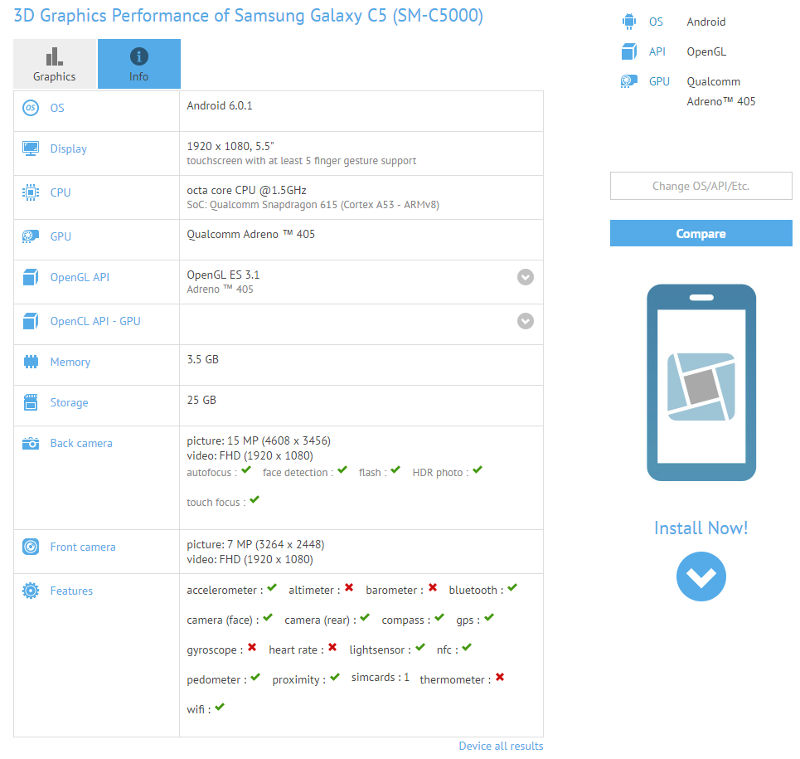 Samsung Galaxy C5 SM-C5000 GFXBench leak