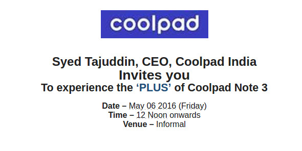 Coolpad Note 3 Plus India launch invite