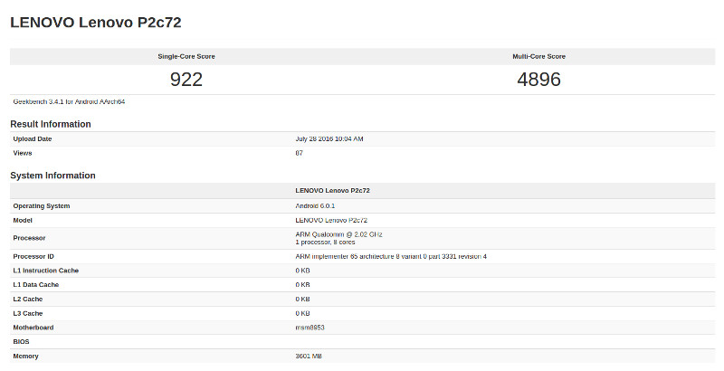 Lenovo P2c72 Geekbench