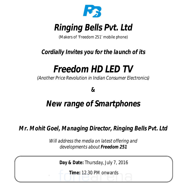 Ringing Bells Freedom LED TV and smartphones July 7 invite