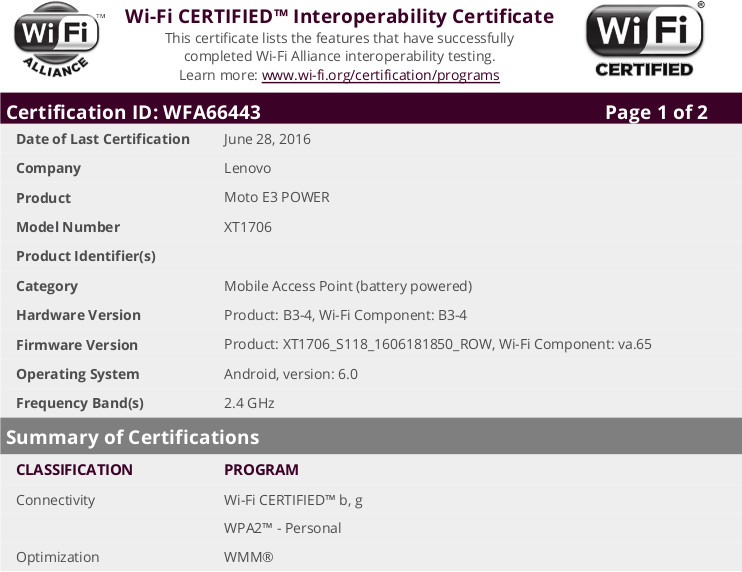 Moto E3 Power WiFi certificate