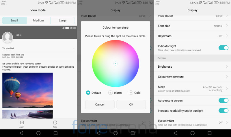 Honor 6X Display View Mode, Color temparature, readability