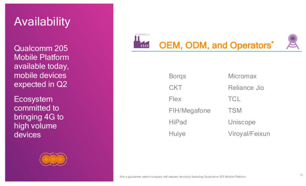 Qualcomm 205 Mobile Platform Availability and Partners