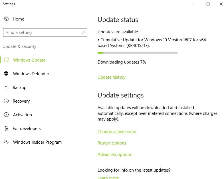 Cumulative Update for Windows 10 Version 1607 KB4015217